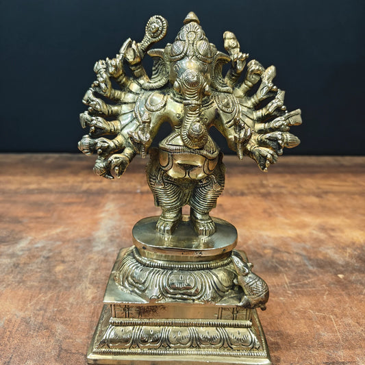Brassaura® Dashabhuja Lord Ganesha Brass Idol | Premium Solid Brass 10-Armed Ganpati Murti | Handcrafted Antique Finish | Home Temple, Pooja Room & Spiritual Décor | Height 9 Inches | 2.8 Kg