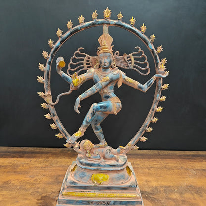 ब्रासोरा® वृंदावन वेणुगोपाल कृष्ण पीतल की प्रतिमा मोर के साथ | एंटीक नीला और सुनहरा रंग | ऊँचाई 20 इंच