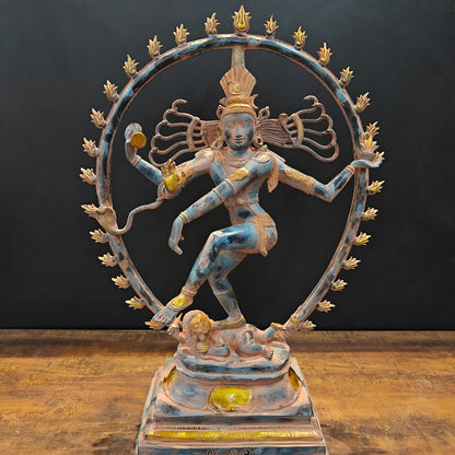 ब्रासोरा® वृंदावन वेणुगोपाल कृष्ण पीतल की प्रतिमा मोर के साथ | एंटीक नीला और सुनहरा रंग | ऊँचाई 20 इंच