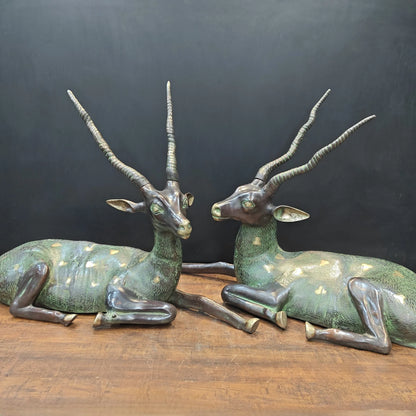 Brassaura® Pair of Brass Deer Sculptures | Handcrafted Antique Finish Deer Statue Set | Premium Brass Animal Figurines for Home Décor, Living Room & Office | Height 30 Inches | 50 Kg