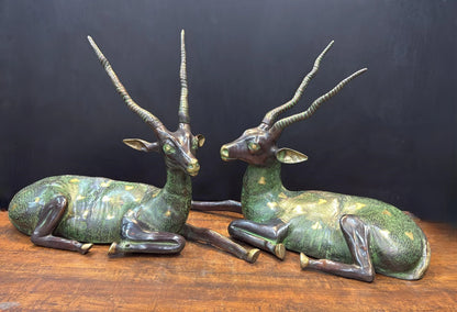 Brassaura® Pair of Brass Deer Sculptures | Handcrafted Antique Finish Deer Statue Set | Premium Brass Animal Figurines for Home Décor, Living Room & Office | Height 30 Inches | 50 Kg
