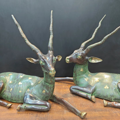Brassaura® Pair of Brass Deer Sculptures | Handcrafted Antique Finish Deer Statue Set | Premium Brass Animal Figurines for Home Décor, Living Room & Office | Height 30 Inches | 50 Kg