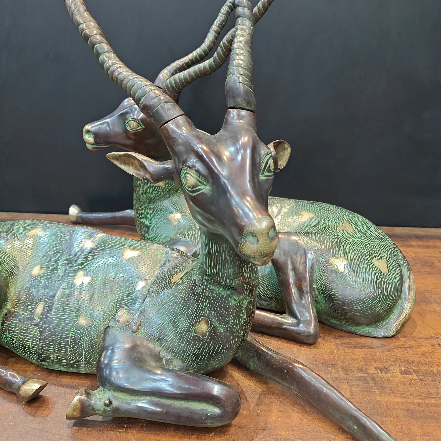 Brassaura® Pair of Brass Deer Sculptures | Handcrafted Antique Finish Deer Statue Set | Premium Brass Animal Figurines for Home Décor, Living Room & Office | Height 30 Inches | 50 Kg