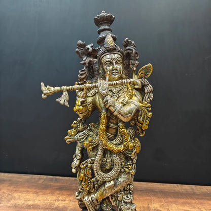 ब्रासोरा® वृंदावन वेणुगोपाल कृष्ण पीतल की प्रतिमा मोर के साथ | एंटीक नीला और सुनहरा रंग | ऊँचाई 20 इंच