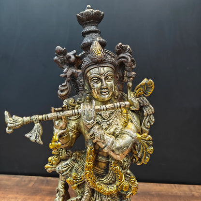 ब्रासोरा® वृंदावन वेणुगोपाल कृष्ण पीतल की प्रतिमा मोर के साथ | एंटीक नीला और सुनहरा रंग | ऊँचाई 20 इंच