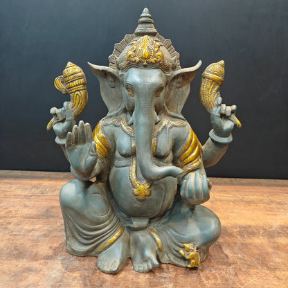 Brassaura® Brass Lord Ganesha Idol | Premium Handcrafted Ganpati Bappa Murti | Antique Finish Spiritual Home Temple & Living Room Décor | Height 21 Inches | 22 Kg