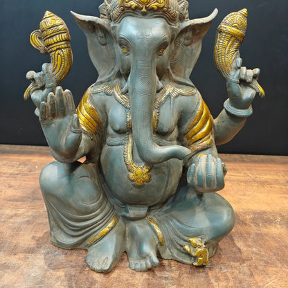 Brassaura® Brass Lord Ganesha Idol | Premium Handcrafted Ganpati Bappa Murti | Antique Finish Spiritual Home Temple & Living Room Décor | Height 21 Inches | 22 Kg