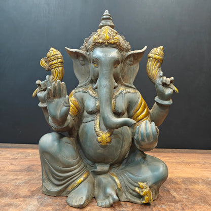 Brassaura® Brass Lord Ganesha Idol | Premium Handcrafted Ganpati Bappa Murti | Antique Finish Spiritual Home Temple & Living Room Décor | Height 21 Inches | 22 Kg