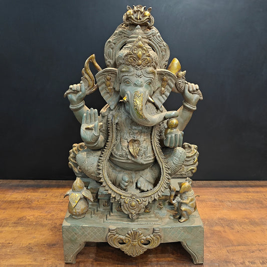 Brassaura® Grand Lord Ganesha Brass Idol | Premium Solid Brass Ganpati Murti with Ornate Throne | Antique Finish | Home Temple, Luxury Décor & Spiritual Gifting | Height 35 Inches | 60 Kg