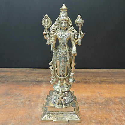 Brassaura® Lord Vishnu Brass Idol | Handcrafted Standing Vishnu Murti for Home Temple, Spiritual Décor & Vastu | 14.5 Inches | 5 Kg