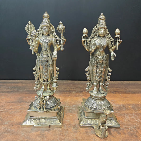 Brassaura® Lord Vishnu & Goddess Lakshmi Brass Idol Set | Pure Brass | Handcrafted Vishnu Lakshmi Murti for Home Temple, Pooja Room, Spiritual Décor & Auspicious Gifting | Height 14.5 Inches | 9.8 Kg