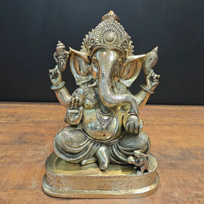 Brassaura® Lord Ganesha Brass Idol | Premium Solid Brass Ganpati Murti with Antique Finish | Handcrafted Hindu God Statue for Home Temple, Pooja Room & Spiritual Décor | Height 13.5 Inches | 11.1 Kg