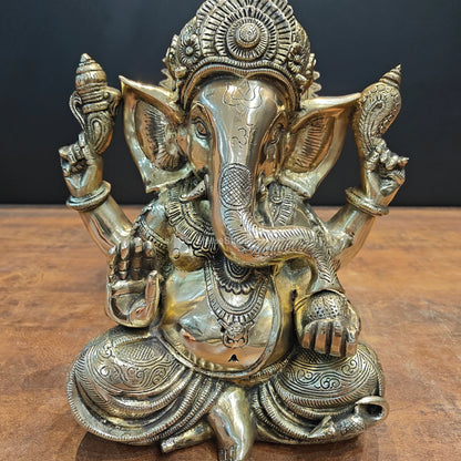 Brassaura® Lord Ganesha Brass Idol | Premium Solid Brass Ganpati Murti with Antique Finish | Handcrafted Hindu God Statue for Home Temple, Pooja Room & Spiritual Décor | Height 12 Inches | 9.2 Kg