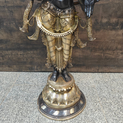 ब्रासोरा® वृंदावन वेणुगोपाल कृष्ण पीतल की प्रतिमा मोर के साथ | एंटीक नीला और सुनहरा रंग | ऊँचाई 20 इंच