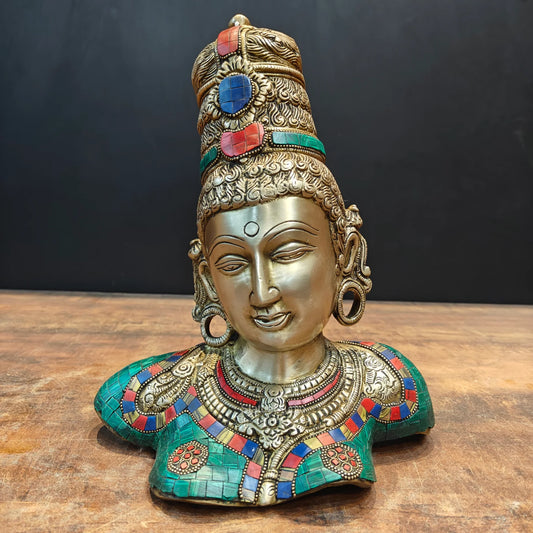 Brassaura® Brass Goddess Parvati Head Bust with Semi-Precious Stone Inlay | Decorative Devi Face Sculpture for Home Décor, Pooja Room & Spiritual Gifting | 12 Inches | 5.6 Kg