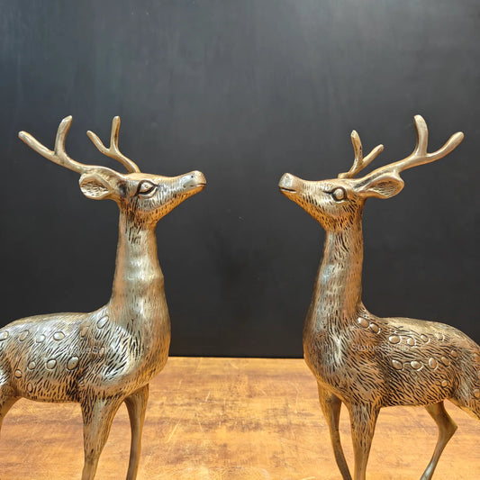 Brassaura® Brass Deer Statue Set | Pure Brass | Handcrafted Deer Figurines for Living Room, Office, Console Table, Shelf & Luxury Home Décor | Height 14 Inches | 5.6 Kg