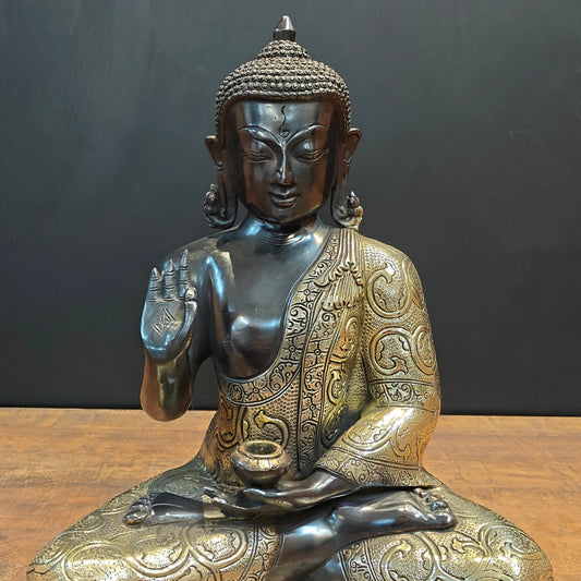 Brassaura® Brass Meditating Buddha Statue | Black & Antique Brass Finish | Handcrafted Buddha Idol for Home, Office, Meditation Room & Spiritual Décor | Height 17 Inches | 11.5 Kg