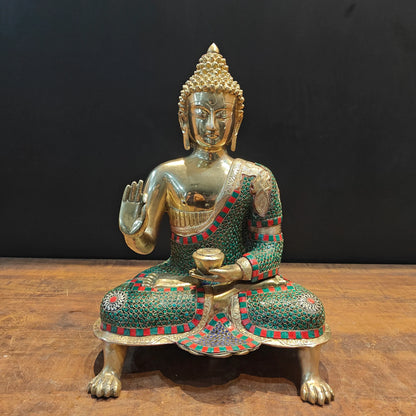 Brassaura® Brass Lord Buddha Idol | Premium Handcrafted Meditating Buddha Statue with Stone Work | Antique Finish | Home Temple, Living Room & Spiritual Décor | Height 20 Inches | 11.8 Kg