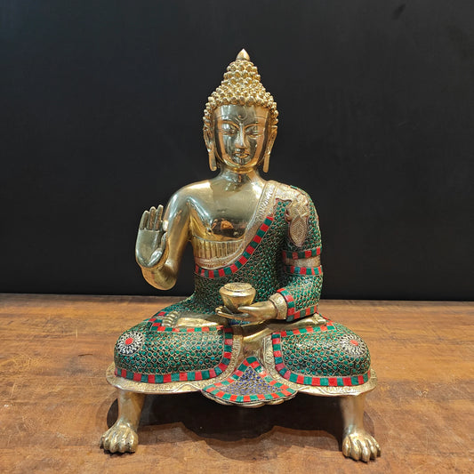 Brassaura® Brass Lord Buddha Idol | Premium Handcrafted Meditating Buddha Statue with Stone Work | Antique Finish | Home Temple, Living Room & Spiritual Décor | Height 20 Inches | 11.8 Kg