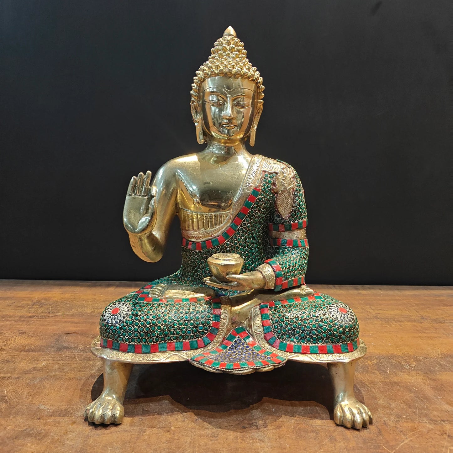 Brassaura® Brass Lord Buddha Idol | Premium Handcrafted Meditating Buddha Statue with Stone Work | Antique Finish | Home Temple, Living Room & Spiritual Décor | Height 20 Inches | 11.8 Kg