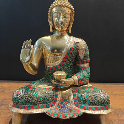 Brassaura® Brass Lord Buddha Idol | Premium Handcrafted Meditating Buddha Statue with Stone Work | Antique Finish | Home Temple, Living Room & Spiritual Décor | Height 20 Inches | 11.8 Kg
