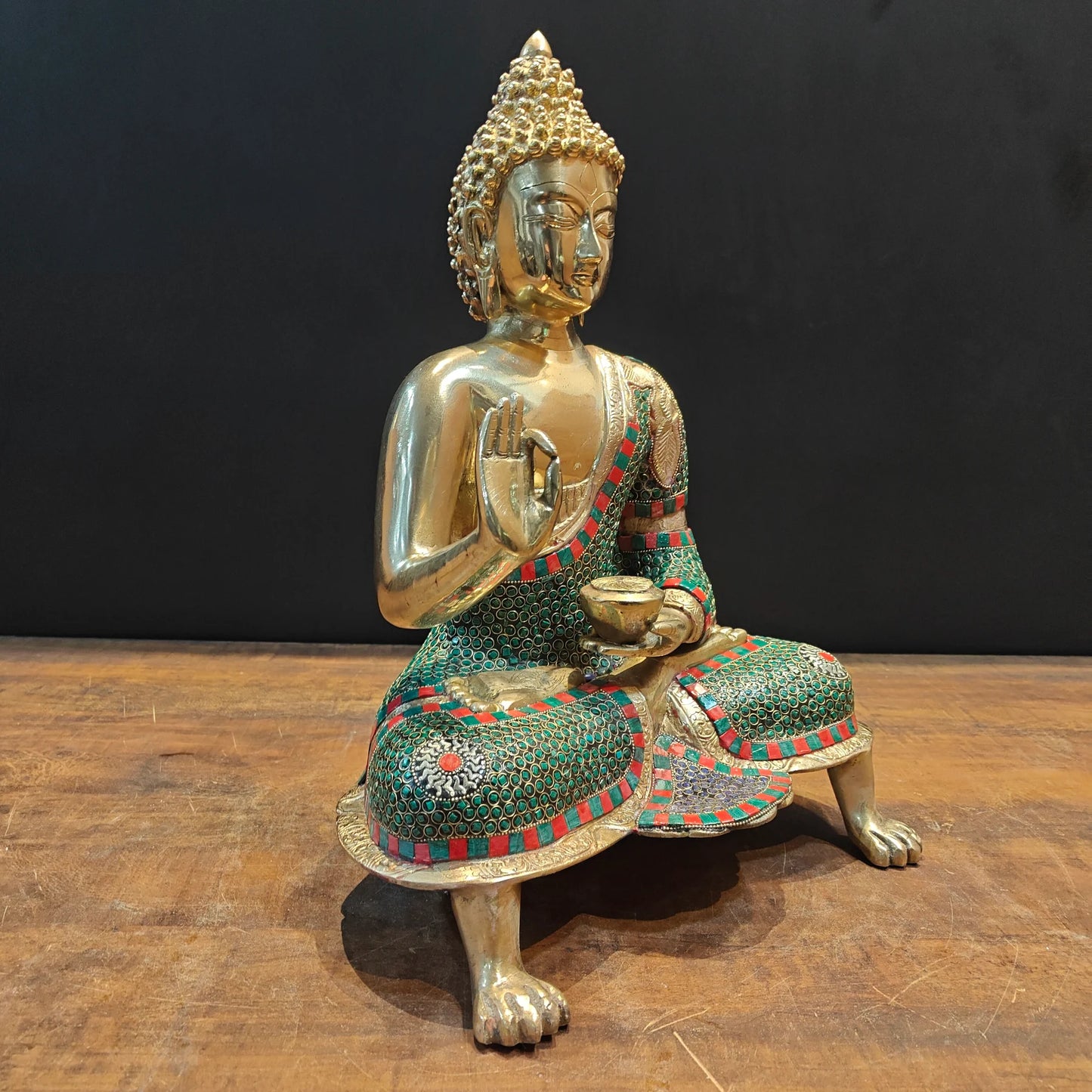 Brassaura® Brass Lord Buddha Idol | Premium Handcrafted Meditating Buddha Statue with Stone Work | Antique Finish | Home Temple, Living Room & Spiritual Décor | Height 20 Inches | 11.8 Kg