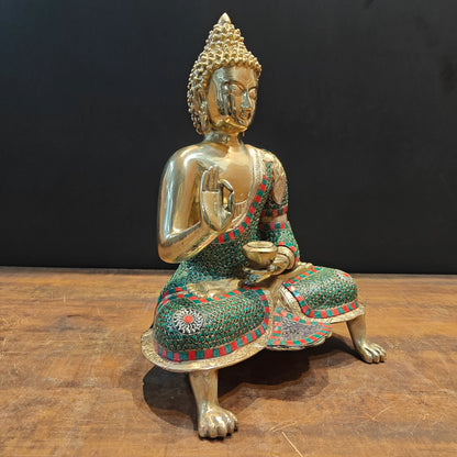 Brassaura® Brass Lord Buddha Idol | Premium Handcrafted Meditating Buddha Statue with Stone Work | Antique Finish | Home Temple, Living Room & Spiritual Décor | Height 20 Inches | 11.8 Kg