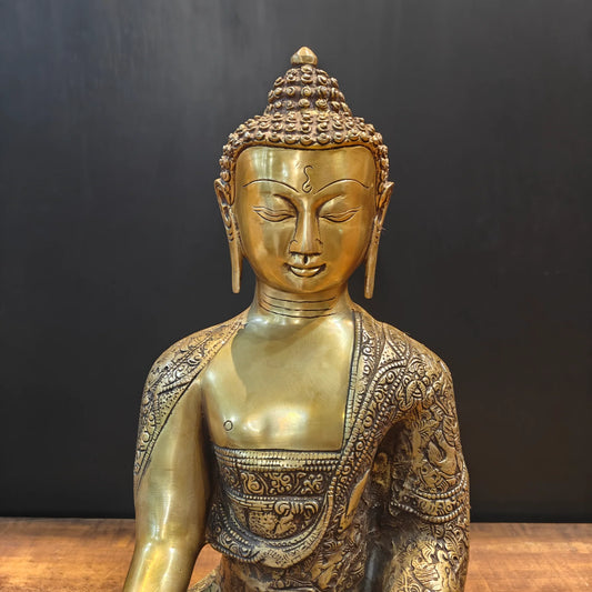 Brassaura® Brass Bhumisparsha Buddha Idol | Premium Handcrafted Seated Lord Buddha Statue | Antique Finish | Home Temple, Meditation Room & Spiritual Décor | Height 23 Inches | 17 Kg