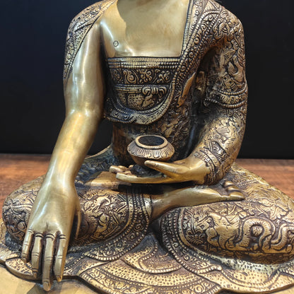 Brassaura® Brass Bhumisparsha Buddha Idol | Premium Handcrafted Seated Lord Buddha Statue | Antique Finish | Home Temple, Meditation Room & Spiritual Décor | Height 23 Inches | 17 Kg