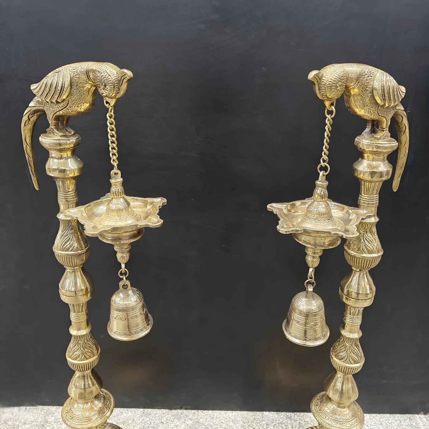 Brassaura® Brass Hanging Oil Lamp Set of 2 with Bird | Traditional Deepam Diya Pair for Home Temple, Pooja Room & Spiritual Décor | 38 Inches | 33 Kg