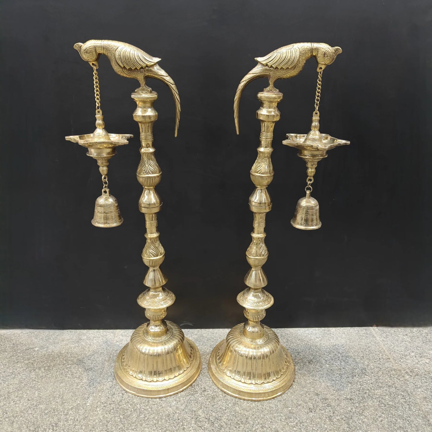 Brassaura® Brass Hanging Oil Lamp Set of 2 with Bird | Traditional Deepam Diya Pair for Home Temple, Pooja Room & Spiritual Décor | 38 Inches | 33 Kg