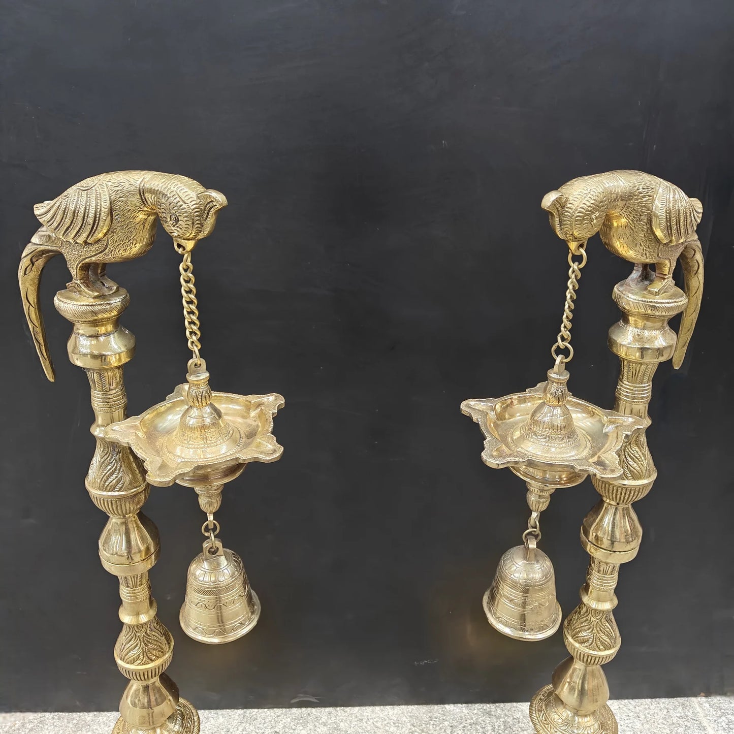 Brassaura® Brass Hanging Oil Lamp Set of 2 with Bird | Traditional Deepam Diya Pair for Home Temple, Pooja Room & Spiritual Décor | 38 Inches | 33 Kg