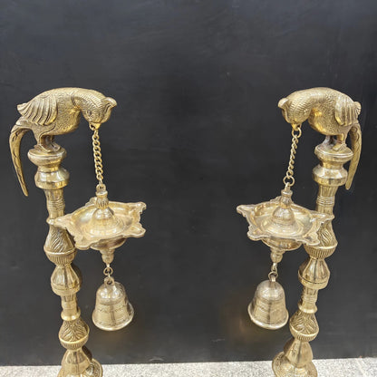 Brassaura® Brass Hanging Oil Lamp Set of 2 with Bird | Traditional Deepam Diya Pair for Home Temple, Pooja Room & Spiritual Décor | 38 Inches | 33 Kg
