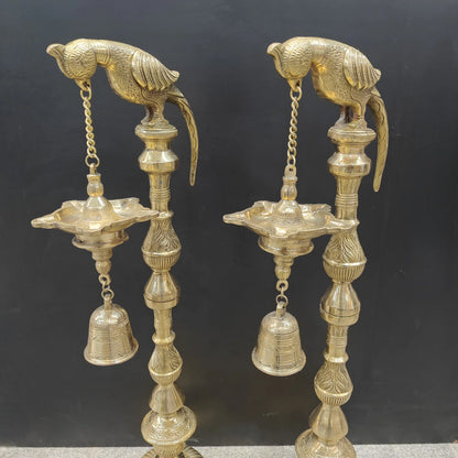 Brassaura® Brass Hanging Oil Lamp Set of 2 with Bird | Traditional Deepam Diya Pair for Home Temple, Pooja Room & Spiritual Décor | 38 Inches | 33 Kg