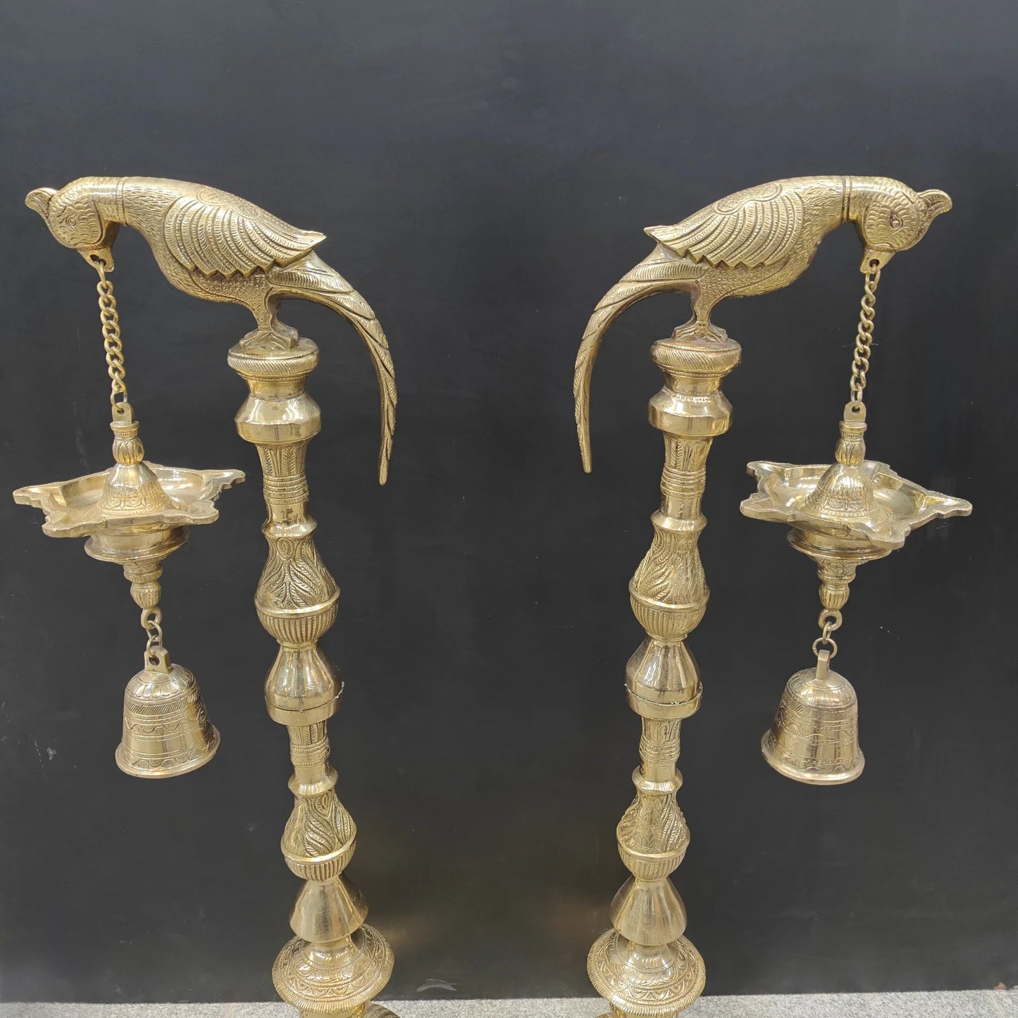 Brassaura® Brass Hanging Oil Lamp Set of 2 with Bird | Traditional Deepam Diya Pair for Home Temple, Pooja Room & Spiritual Décor | 38 Inches | 33 Kg
