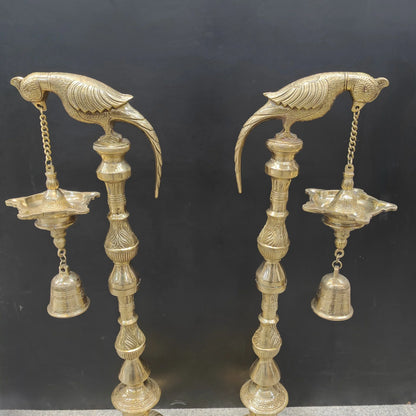Brassaura® Brass Hanging Oil Lamp Set of 2 with Bird | Traditional Deepam Diya Pair for Home Temple, Pooja Room & Spiritual Décor | 38 Inches | 33 Kg