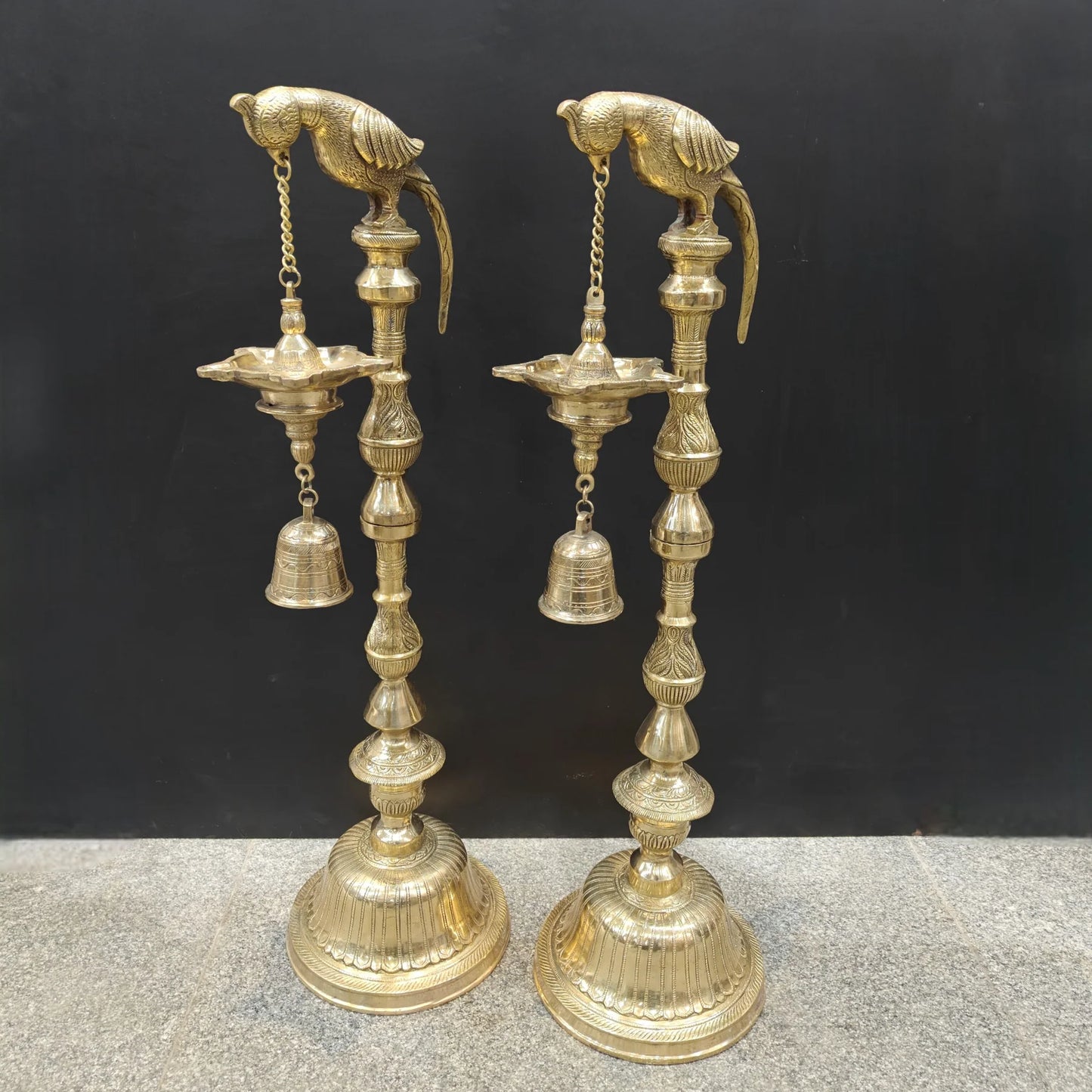 Brassaura® Brass Hanging Oil Lamp Set of 2 with Bird | Traditional Deepam Diya Pair for Home Temple, Pooja Room & Spiritual Décor | 38 Inches | 33 Kg