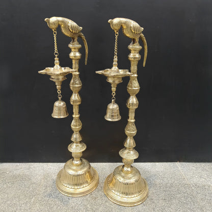 Brassaura® Brass Hanging Oil Lamp Set of 2 with Bird | Traditional Deepam Diya Pair for Home Temple, Pooja Room & Spiritual Décor | 38 Inches | 33 Kg