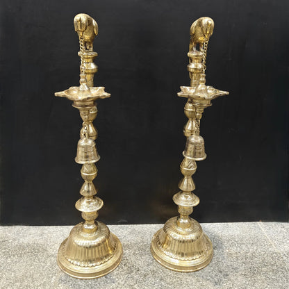 Brassaura® Brass Hanging Oil Lamp Set of 2 with Bird | Traditional Deepam Diya Pair for Home Temple, Pooja Room & Spiritual Décor | 38 Inches | 33 Kg