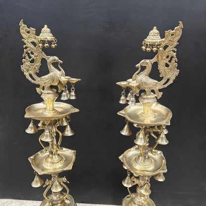 Brassaura® Traditional Brass Peacock Multi-Tier Oil Lamp Set of 2 | Decorative Deepam Diya Stand for Home Temple, Pooja & Spiritual Décor | 42 Inches | 30.5 Kg