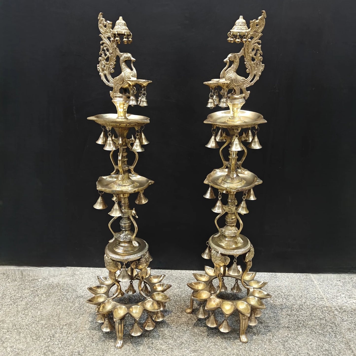 Brassaura® Traditional Brass Peacock Multi-Tier Oil Lamp Set of 2 | Decorative Deepam Diya Stand for Home Temple, Pooja & Spiritual Décor | 42 Inches | 30.5 Kg