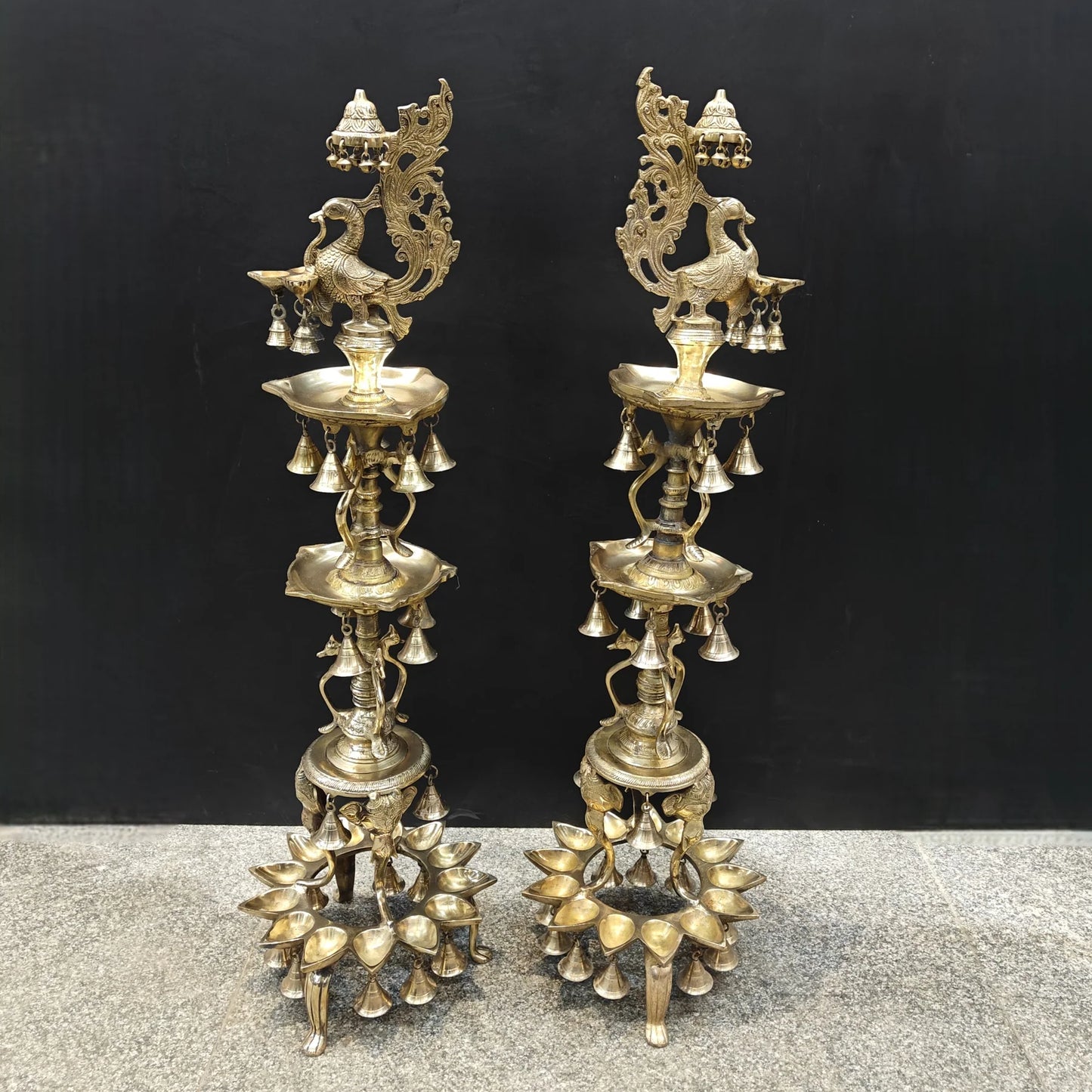Brassaura® Traditional Brass Peacock Multi-Tier Oil Lamp Set of 2 | Decorative Deepam Diya Stand for Home Temple, Pooja & Spiritual Décor | 42 Inches | 30.5 Kg