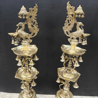 Brassaura® Traditional Brass Peacock Multi-Tier Oil Lamp Set of 2 | Decorative Deepam Diya Stand for Home Temple, Pooja & Spiritual Décor | 42 Inches | 30.5 Kg