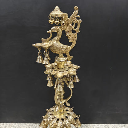 Brassaura® Traditional Brass Peacock Multi-Tier Oil Lamp | Decorative Deepam Diya Stand with Hanging Bells for Home Temple, Pooja & Spiritual Décor | 34 Inches | 10.5 Kg