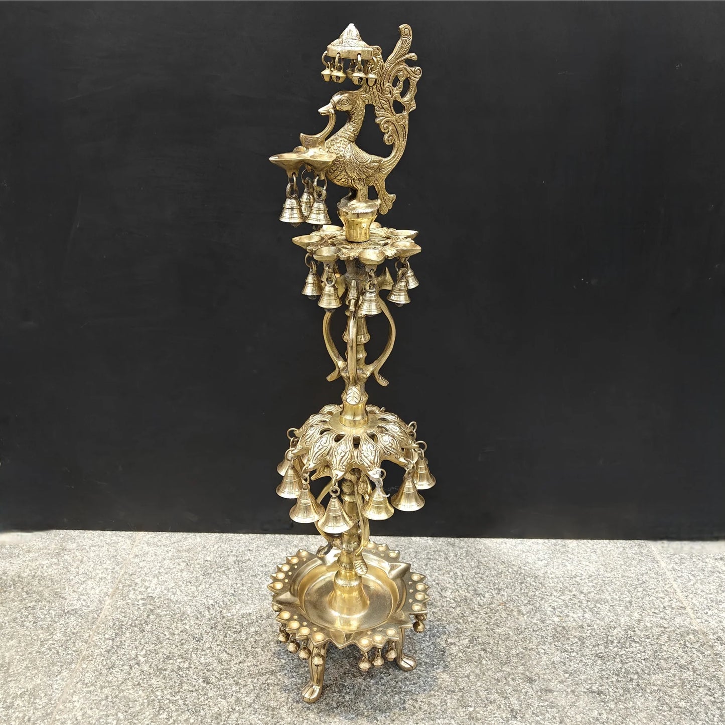 Brassaura® Traditional Brass Peacock Multi-Tier Oil Lamp | Decorative Deepam Diya Stand with Hanging Bells for Home Temple, Pooja & Spiritual Décor | 34 Inches | 10.5 Kg