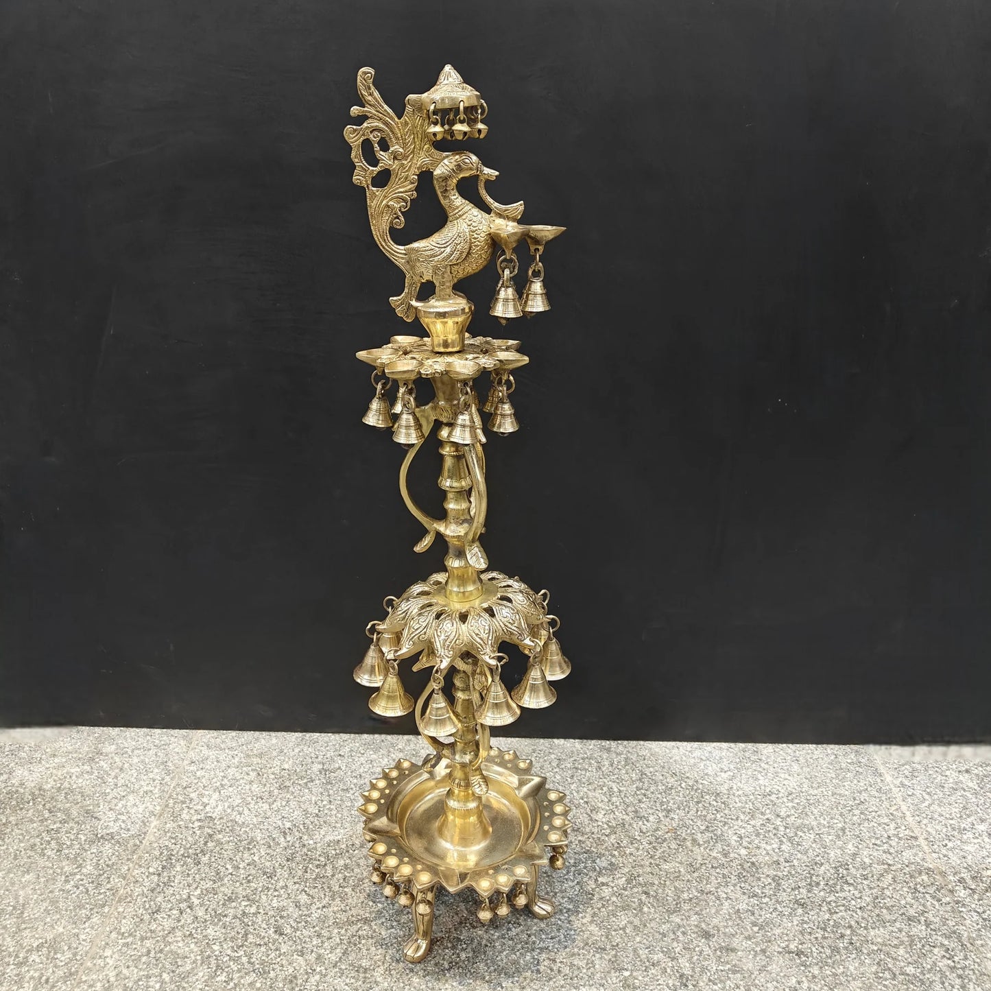 Brassaura® Traditional Brass Peacock Multi-Tier Oil Lamp | Decorative Deepam Diya Stand with Hanging Bells for Home Temple, Pooja & Spiritual Décor | 34 Inches | 10.5 Kg
