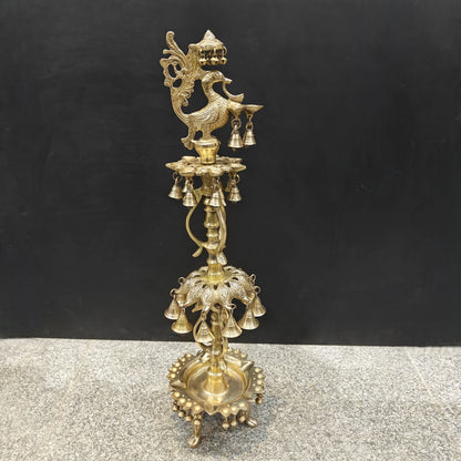 Brassaura® Traditional Brass Peacock Multi-Tier Oil Lamp | Decorative Deepam Diya Stand with Hanging Bells for Home Temple, Pooja & Spiritual Décor | 34 Inches | 10.5 Kg