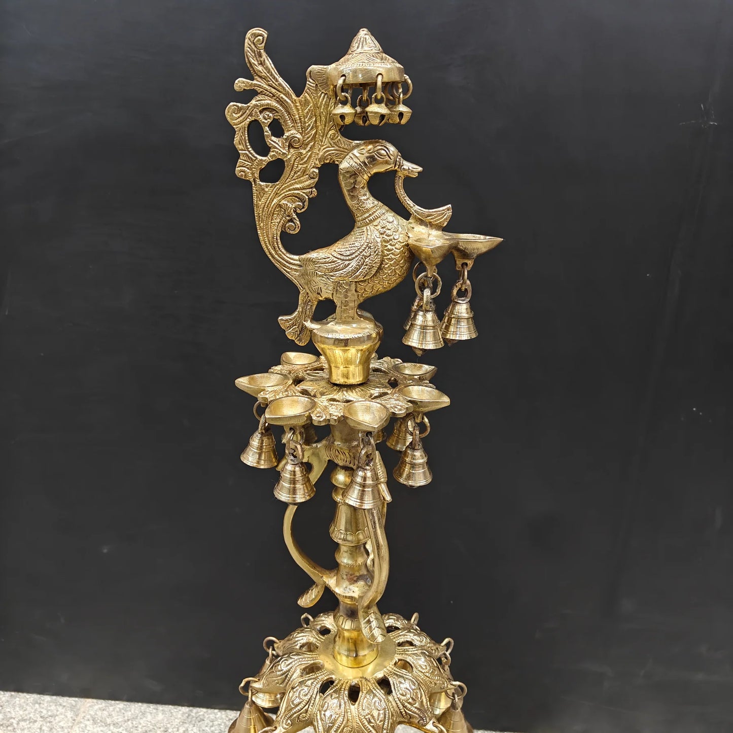 Brassaura® Traditional Brass Peacock Multi-Tier Oil Lamp | Decorative Deepam Diya Stand with Hanging Bells for Home Temple, Pooja & Spiritual Décor | 34 Inches | 10.5 Kg