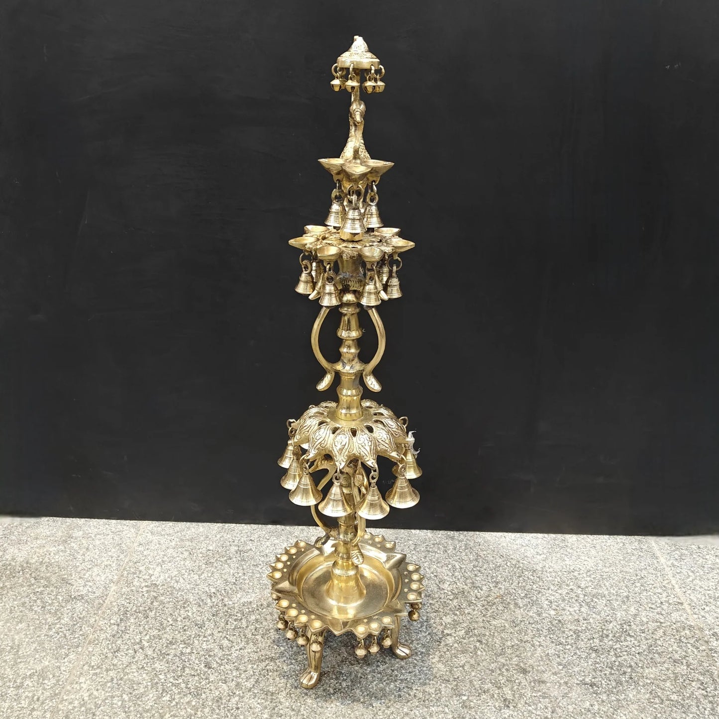Brassaura® Traditional Brass Peacock Multi-Tier Oil Lamp | Decorative Deepam Diya Stand with Hanging Bells for Home Temple, Pooja & Spiritual Décor | 34 Inches | 10.5 Kg