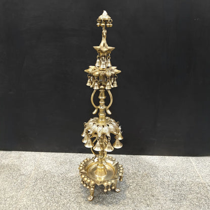Brassaura® Traditional Brass Peacock Multi-Tier Oil Lamp | Decorative Deepam Diya Stand with Hanging Bells for Home Temple, Pooja & Spiritual Décor | 34 Inches | 10.5 Kg